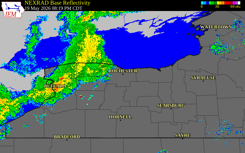 NEXRAD radar during the Tuesday, May 19, 2026 storm activity in Monroe County, New York