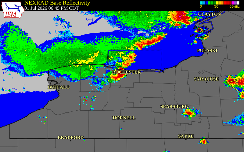 NEXRAD radar during the Wednesday, July 1, 2026 storm activity in Monroe County, New York