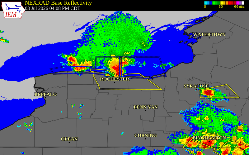 NEXRAD radar during the Friday, July 3, 2026 storm activity in Monroe County, New York