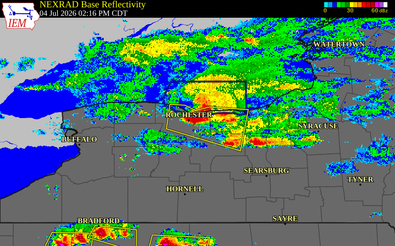 NEXRAD radar during the Saturday, July 4, 2026 storm activity in Monroe County, New York