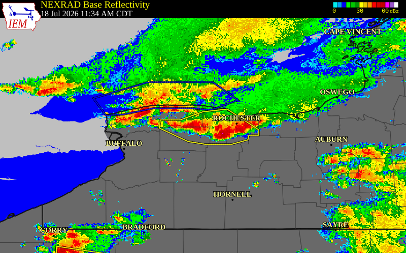 NEXRAD radar during the Saturday, July 18, 2026 storm activity in Monroe County, New York