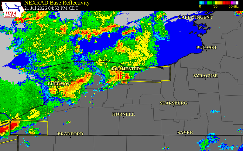 NEXRAD radar during the Tuesday, July 21, 2026 storm activity in Monroe County, New York
