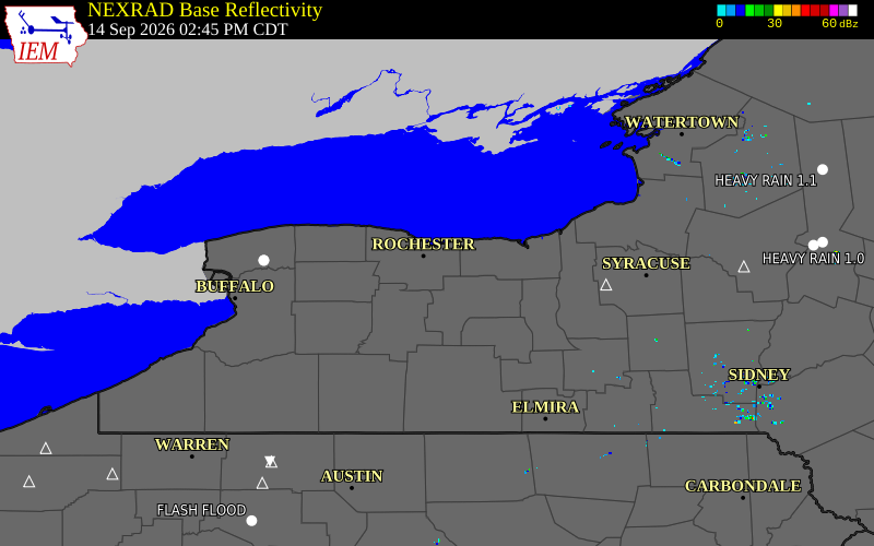 Current NEXRAD radar over Monroe County, New York with recent storm report locations