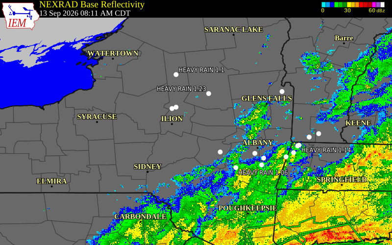 Current NEXRAD radar over Montgomery County, New York with recent storm report locations