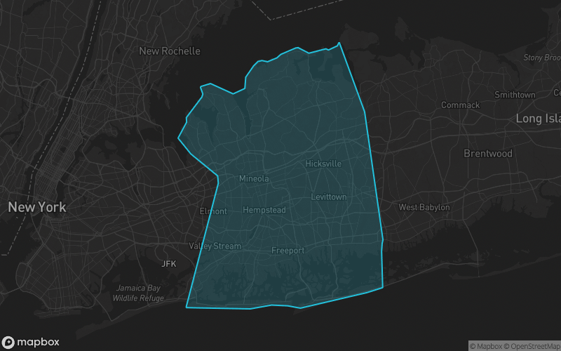 Map of Nassau County, New York showing the county boundary and surrounding cities