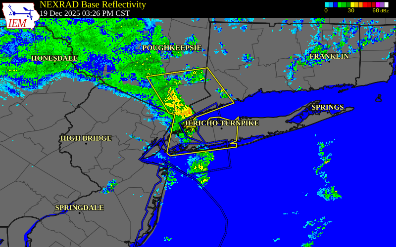 NEXRAD radar during the Friday, December 19, 2025 storm activity in Nassau County, New York