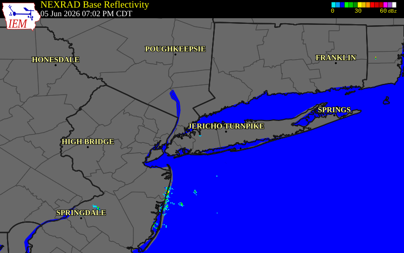 NEXRAD radar during the Friday, June 5, 2026 storm activity in Nassau County, New York