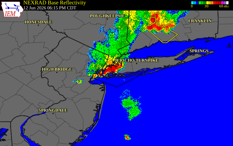NEXRAD radar during the Friday, June 12, 2026 storm activity in Nassau County, New York