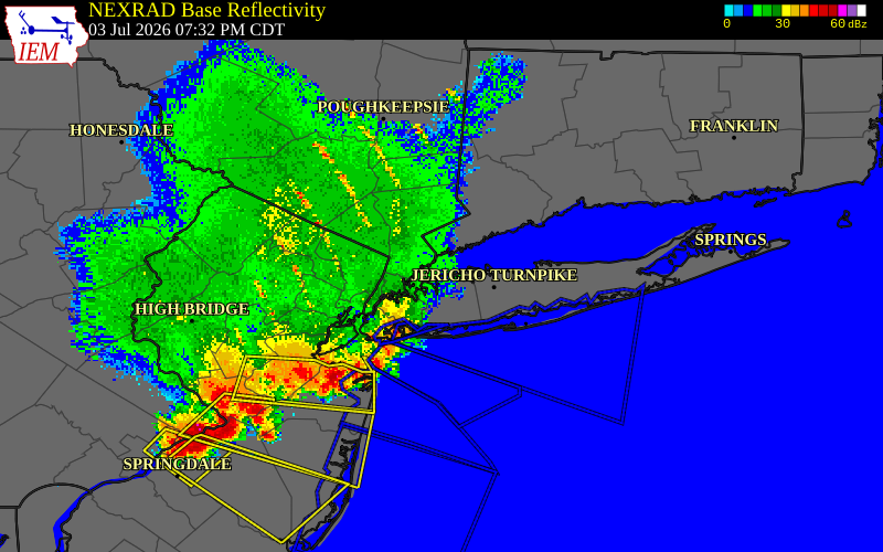 NEXRAD radar during the Friday, July 3, 2026 storm activity in Nassau County, New York