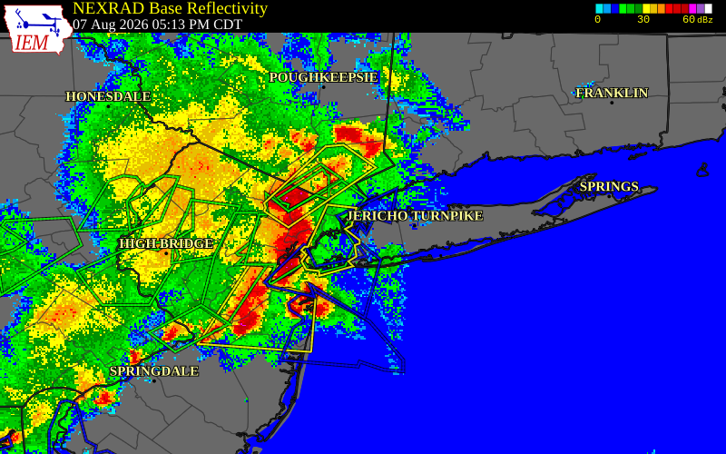 NEXRAD radar during the Friday, August 7, 2026 storm activity in Nassau County, New York