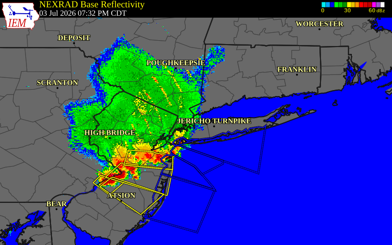 Radar snapshot during the Jul 3, 2026 wind event near 2 N Glen Cove, Nassau County, New York, with NWS warning polygons