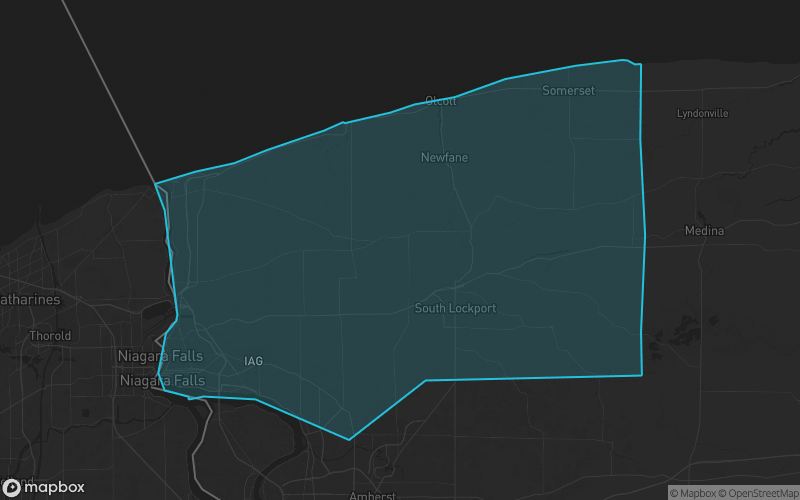 Map of Niagara County, New York showing the county boundary and surrounding cities