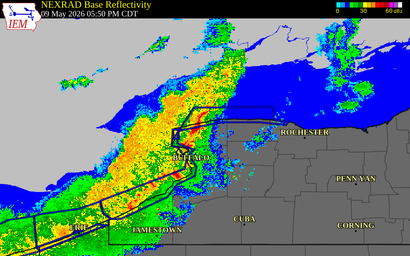 NEXRAD radar during the Saturday, May 9, 2026 storm activity in Niagara County, New York