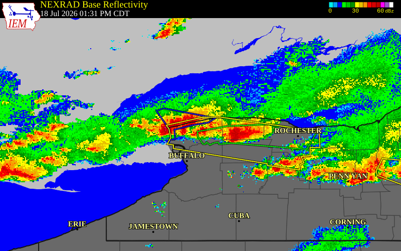NEXRAD radar during the Saturday, July 18, 2026 storm activity in Niagara County, New York