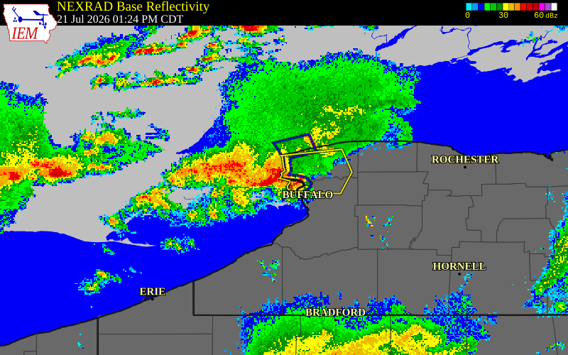 NEXRAD radar during the Tuesday, July 21, 2026 storm activity in Niagara County, New York