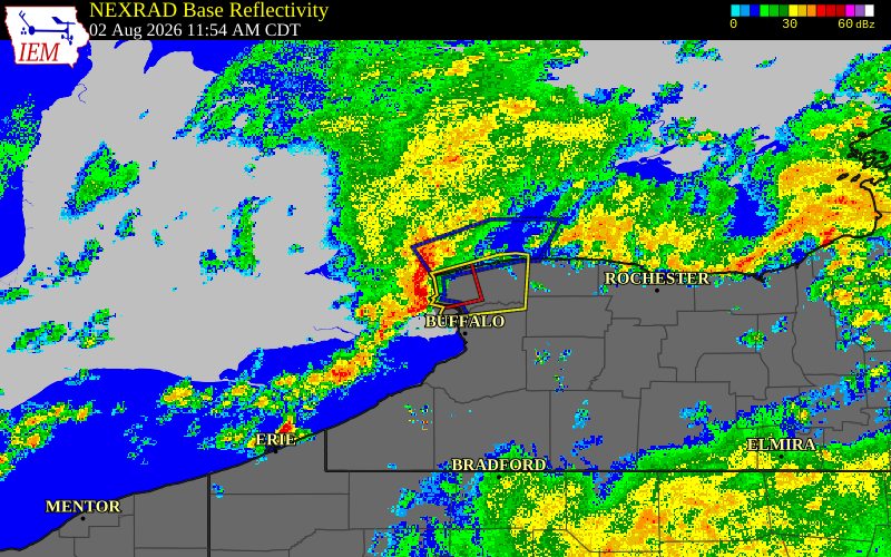Radar snapshot during the Aug 2, 2026 wind event near 3 E Youngstown, Niagara County, New York, with NWS warning polygons