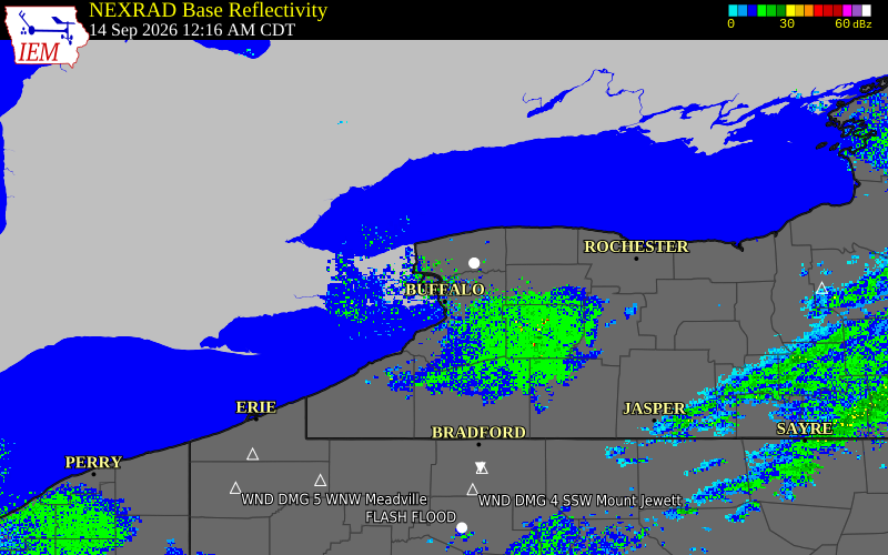 Current NEXRAD radar over Niagara County, New York with recent storm report locations