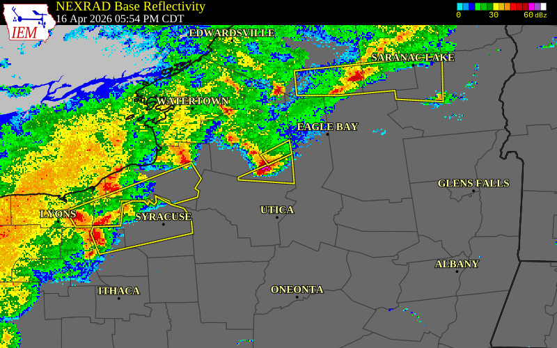NEXRAD radar during the Thursday, April 16, 2026 storm activity in Oneida County, New York