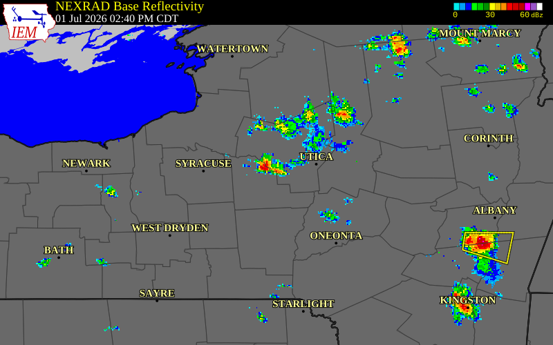 NEXRAD radar during the Wednesday, July 1, 2026 storm activity in Oneida County, New York