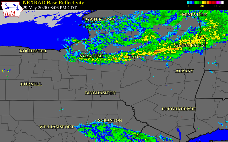 Radar snapshot during the May 29, 2026 wind event near Oneida County, Oneida County, New York, with NWS warning polygons