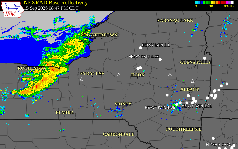 Current NEXRAD radar over Oneida County, New York with recent storm report locations