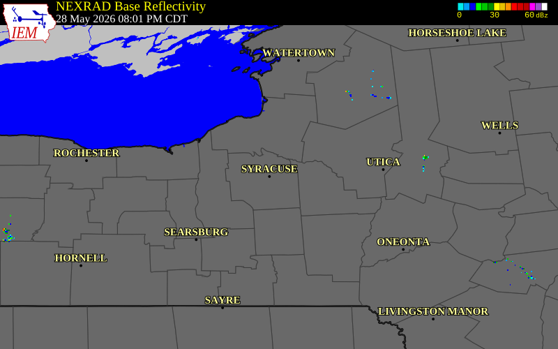 NEXRAD radar during the Thursday, May 28, 2026 storm activity in Onondaga County, New York