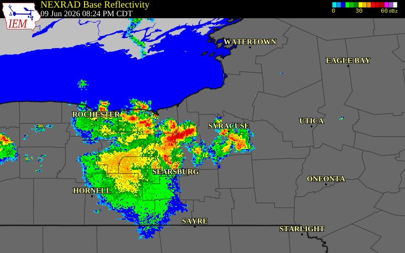 NEXRAD radar during the Tuesday, June 9, 2026 storm activity in Onondaga County, New York