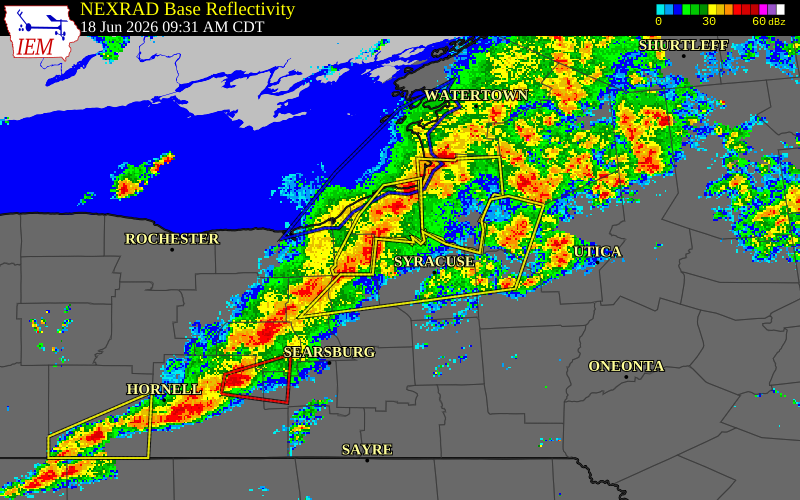 NEXRAD radar during the Thursday, June 18, 2026 storm activity in Onondaga County, New York