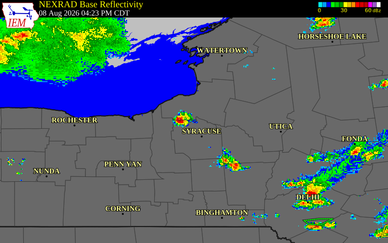 NEXRAD radar during the Saturday, August 8, 2026 storm activity in Onondaga County, New York