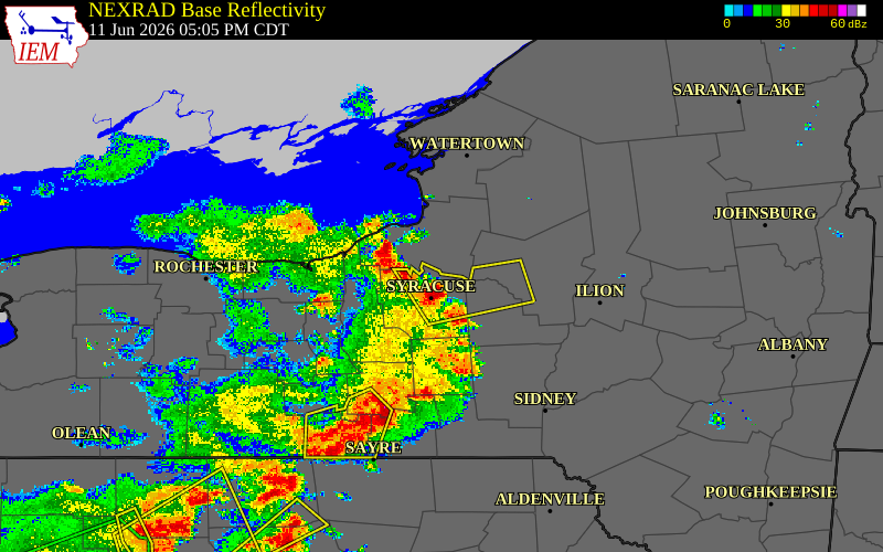 Radar snapshot during the Aug 8, 2026 hail event near Onondaga County, Onondaga County, New York, with NWS warning polygons