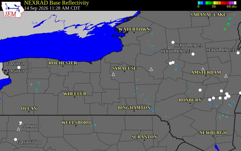 Current NEXRAD radar over Onondaga County, New York with recent storm report locations