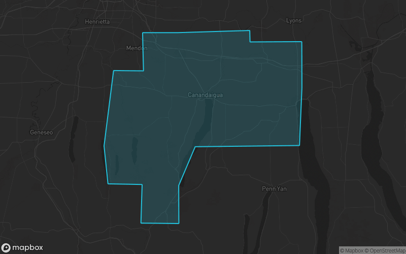 Map of Ontario County, New York showing the county boundary and surrounding cities