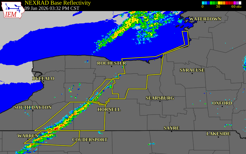 NEXRAD radar during the Friday, January 9, 2026 storm activity in Ontario County, New York