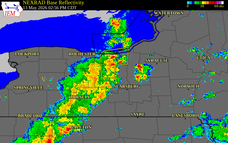 NEXRAD radar during the Wednesday, May 13, 2026 storm activity in Ontario County, New York