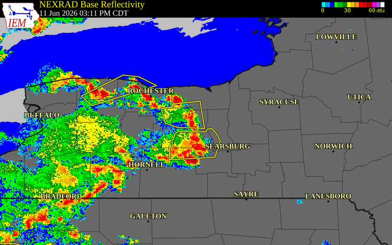 NEXRAD radar during the Thursday, June 11, 2026 storm activity in Ontario County, New York