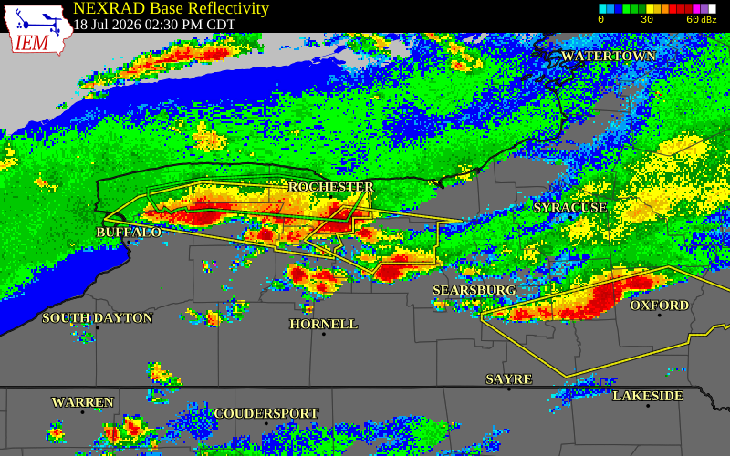 NEXRAD radar during the Saturday, July 18, 2026 storm activity in Ontario County, New York