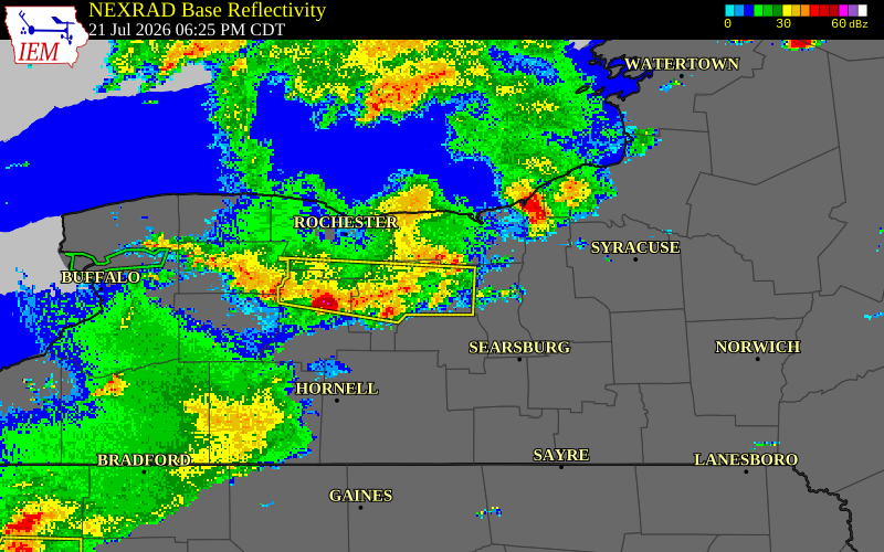 NEXRAD radar during the Tuesday, July 21, 2026 storm activity in Ontario County, New York