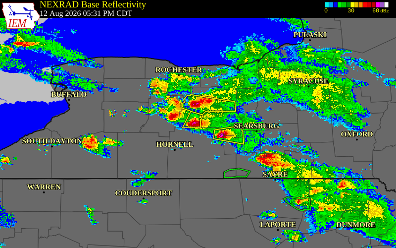 NEXRAD radar during the Wednesday, August 12, 2026 storm activity in Ontario County, New York