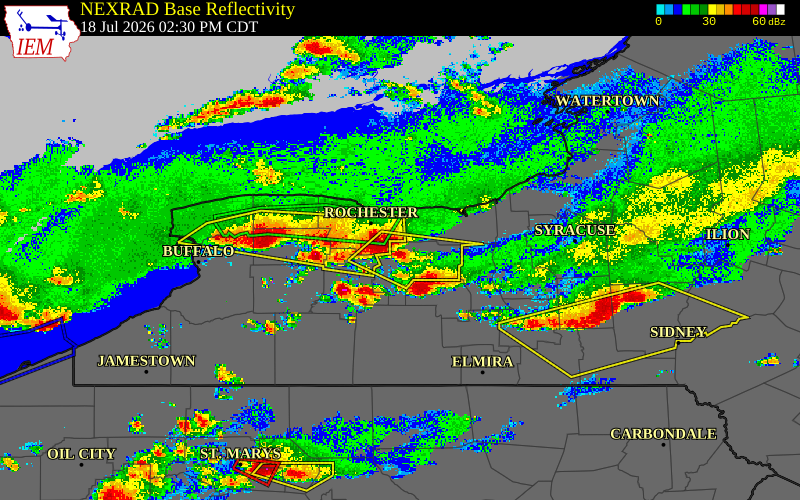 Radar snapshot during the Jul 18, 2026 hail event near Victor, Ontario County, New York, with NWS warning polygons