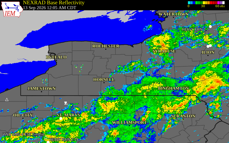 Current NEXRAD radar over Ontario County, New York with recent storm report locations