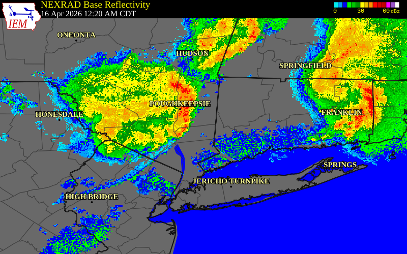 NEXRAD radar during the Thursday, April 16, 2026 storm activity in Orange County, New York