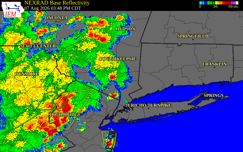 NEXRAD radar during the Friday, August 7, 2026 storm activity in Orange County, New York