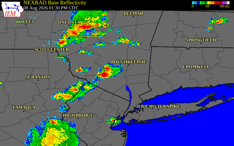 NEXRAD radar during the Saturday, August 8, 2026 storm activity in Orange County, New York