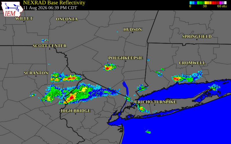 NEXRAD radar during the Tuesday, August 11, 2026 storm activity in Orange County, New York