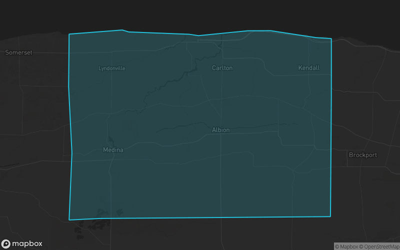 Map of Orleans County, New York showing the county boundary and surrounding cities