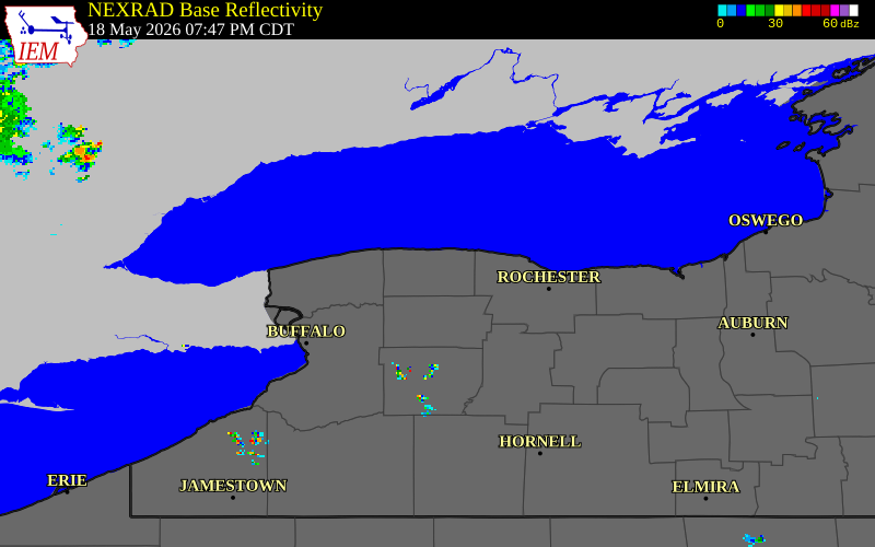NEXRAD radar during the Monday, May 18, 2026 storm activity in Orleans County, New York