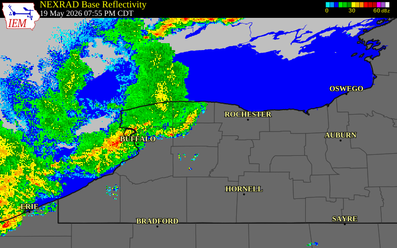 NEXRAD radar during the Tuesday, May 19, 2026 storm activity in Orleans County, New York