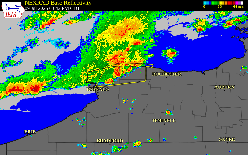 NEXRAD radar during the Thursday, July 9, 2026 storm activity in Orleans County, New York
