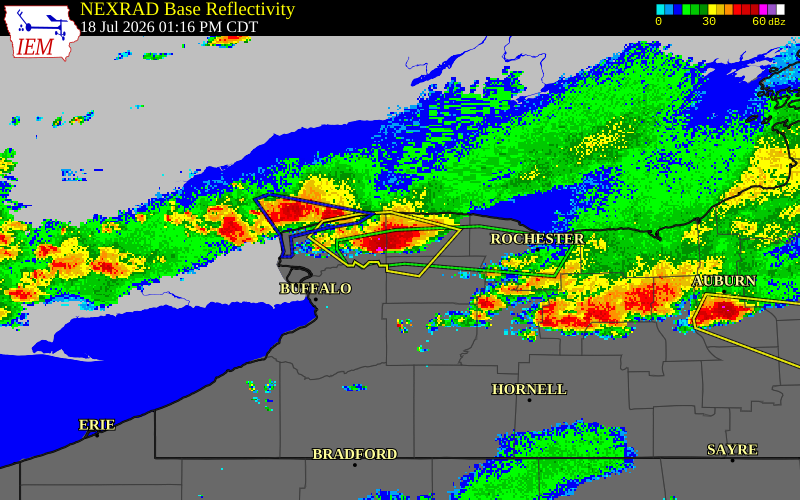 NEXRAD radar during the Saturday, July 18, 2026 storm activity in Orleans County, New York