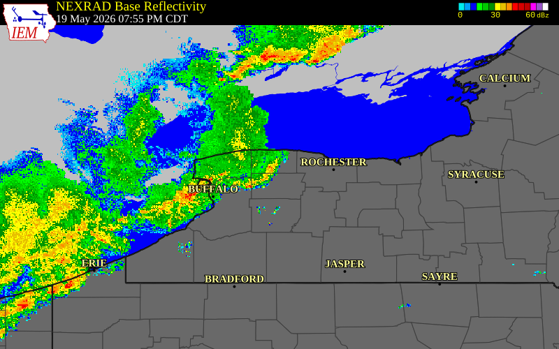 Radar snapshot during the May 19, 2026 wind event near Orleans County, Orleans County, New York, with NWS warning polygons